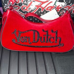 Von Dutch Red And Black Rhinestone Velour Velvet Shoulder Bag